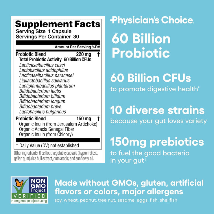 Physician's Choice Probiotics 60 Billion CFU - 10 Strains + Organic Prebiotics for Women & Men - 30ct